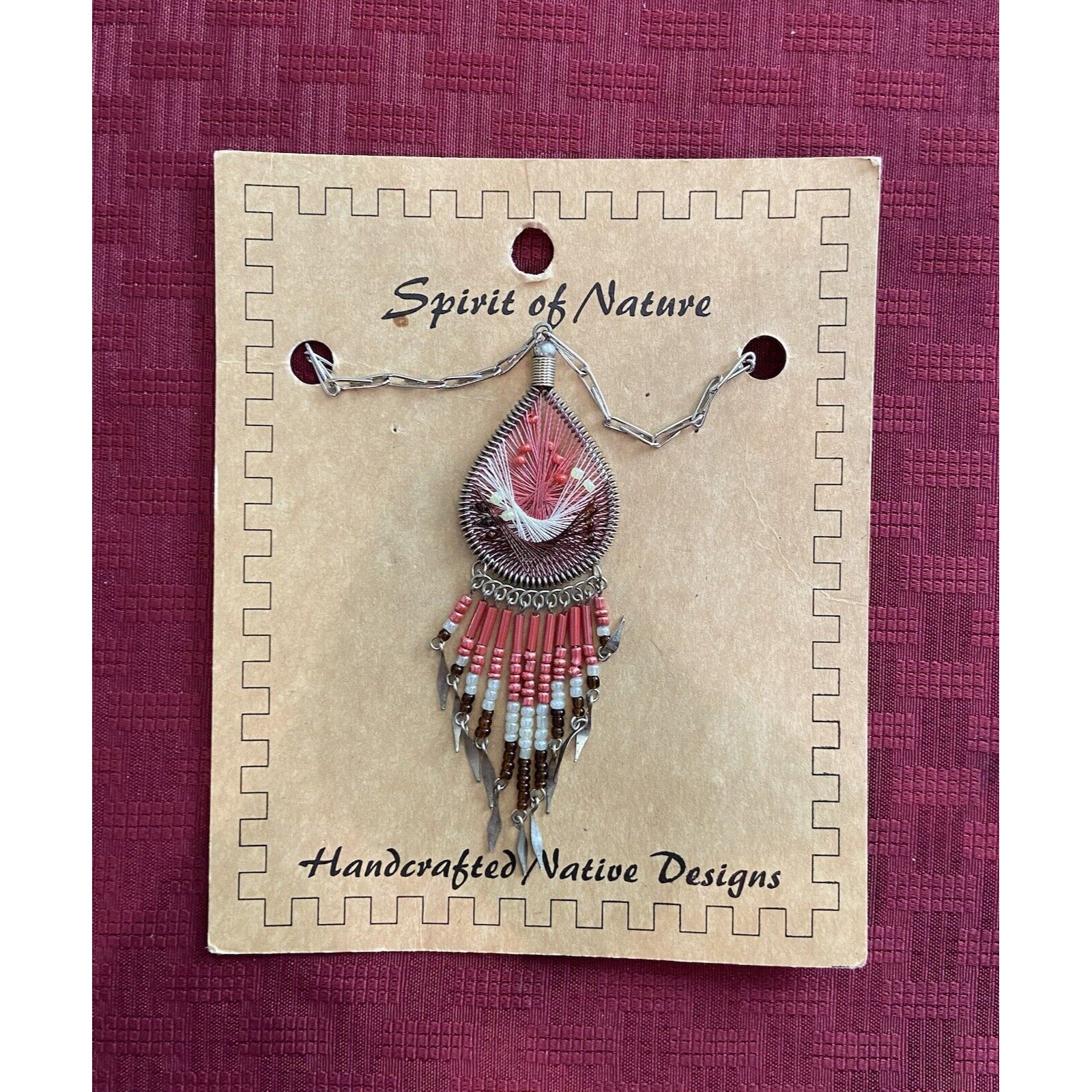 Handcrafted Woven Seed Bead And Thread Beaded Jewelry Necklace Pink Brown